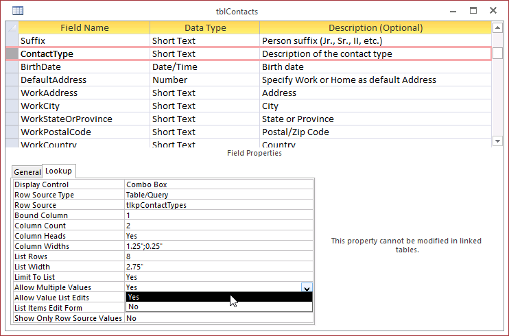 A screen shot of the tblContacts table open in Design view. Author selected the ContactType field in the upper part of the window. On the Lookup tab near the bottom, author clicked the Allow Multiple Values property, which displays Yes and No options. Yes is selected.