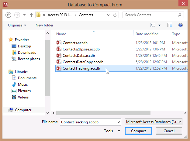 A screen shot of the Database To Compact From dialog box. Author has selected a sample desktop .accdb file in the Contacts subfolder. Compact and Cancel buttons are provided.