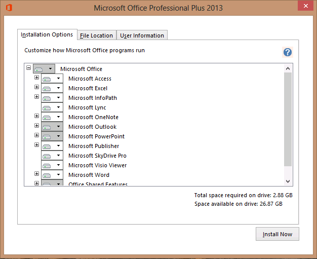 A screen shot of the Installation Options tab for customizing an Office 2013 install. A hierarchical list of all the Office 2013 programs is displayed.