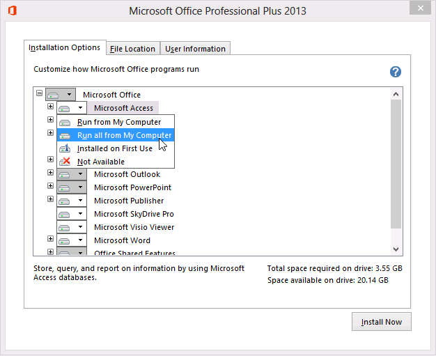 A screen shot of the Installation Options tab for customizing an Office 2013 install. Author has selected Run All From My Computer under Microsoft Access.