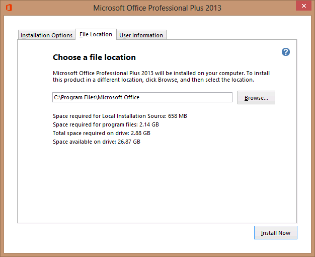A screen shot of the File Location tab for customizing an Office 2013 install. A text box with a default folder path for installing Office is shown next to a Browse button.