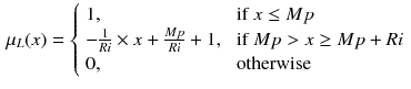 $$\begin{aligned} \mu _{L}(x) =\left\{ \begin{array}{lll} 1, &{} \text{ if } x \le Mp\\ -\frac{1}{Ri}\times x + \frac{Mp}{Ri} + 1, &{} \text{ if } Mp > x \ge Mp + Ri\\ 0, &{} \text{ otherwise } \\ \end{array} \right. \end{aligned}$$