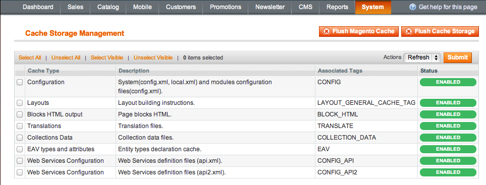 Magento cache management