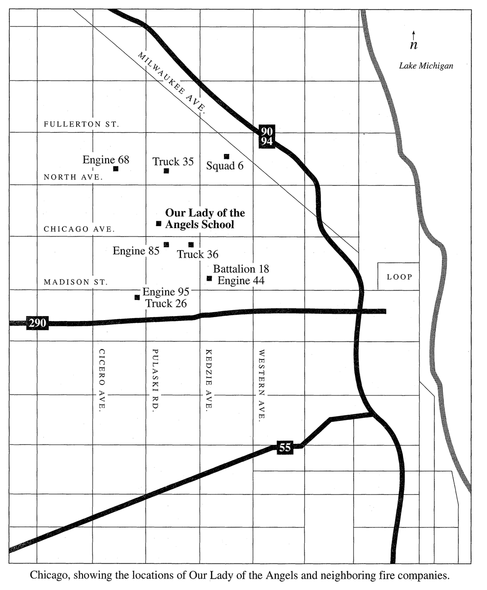 Chicago, showing the locations of Our Lady of the Angels and neighboring fire companies.