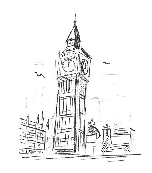 Black and white illustration of a big clock tower.