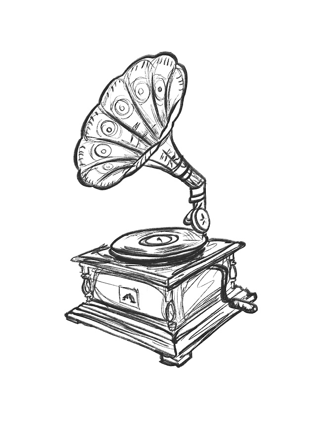 Black and white illustration of a vintage phonograph with a large horn.