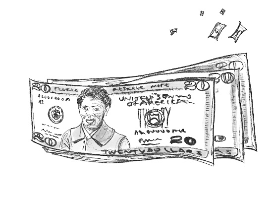 Black and white illustration of a stack of twenty dollar bills. On the bill is a Black woman's profile. 