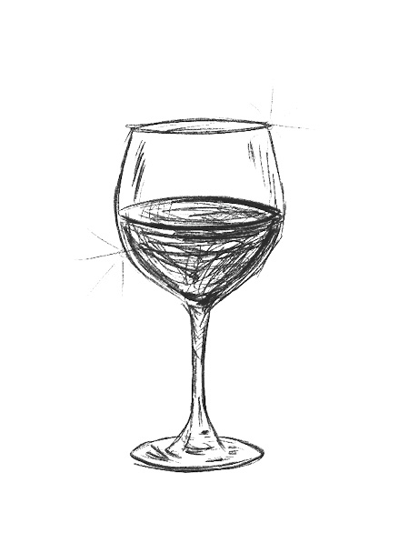 Black and white illustration of a glass of wine.