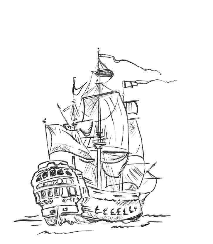 Black and white illustration of an old ship sailing in the ocean.