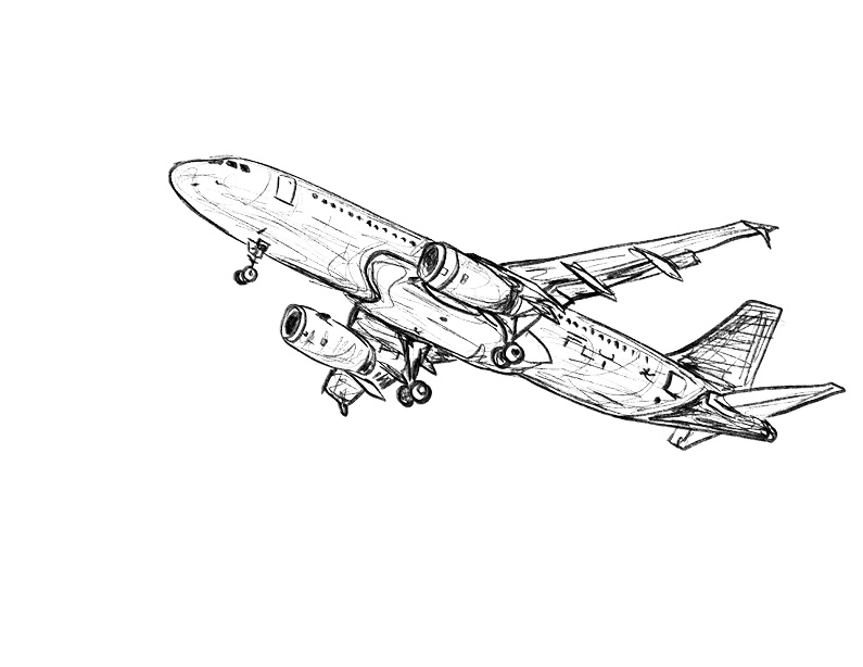 Black and white illustration of a plane in take-off.