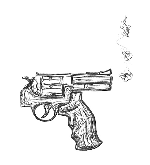 Black and white illustration of a gun. The gun is constructed in a way that the muzzle points the opposite way, towards the person holding the gun. There are small tendrils of smoke coming off the muzzle.