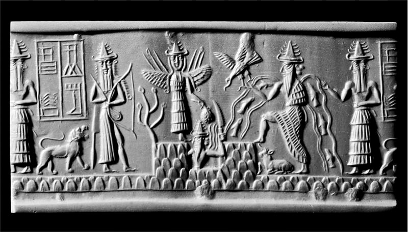 Divinità mesopotamiche sul sigillo di Adda, tra cui Ishtar (con le ali), Šamaš (che sorge impugnando una spada) ed Enki Copyright © The Trustees of the British Museum. All rights reserved