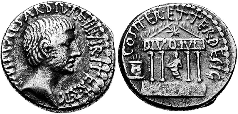 Moneta di Cesare Augusto con la scritta CAESAR DIVI F cioè «Caesar, figlio di Dio». Classical Numismatic Group, Inc., www.cngcoins.com