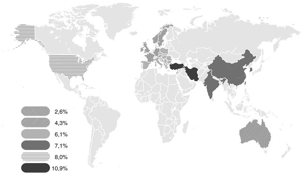 3.5 Incidenza della dipendenza da Internet in 31 paesi del mondo distribuiti su sei regioni geografiche. L’incidenza è calcolata sui dati ottenuti da un totale di 89.281 persone intervistate.172