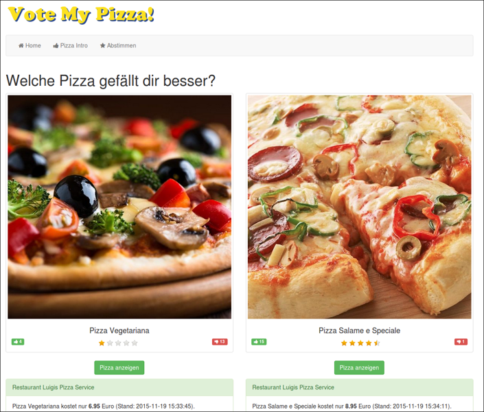 Abstimmseite von Beispielanwendung »Vote My Pizza!«