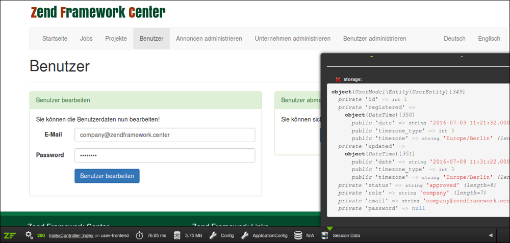 Anzeige der Session-Daten mit ZendDeveloperToolbar