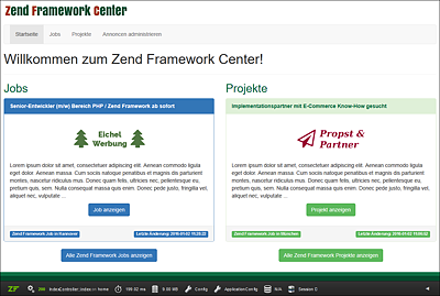 Startseite der Beispielanwendung »Zend Framework Center«