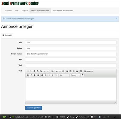 Eingabe des Anzeigentextes mit CKEditor