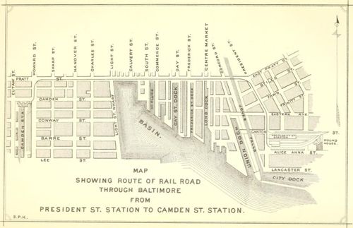 Map showing route of rail road through Baltimore from President St. station to Camden St. station.