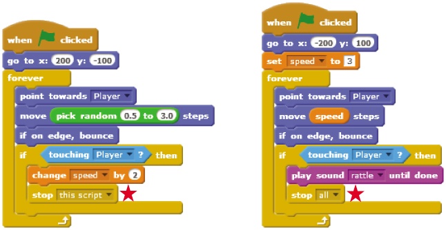 Scripts for the green ball (left) and red ball (right)