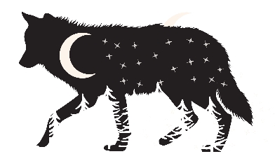 A black wolf with white moon and stars  Description automatically generated