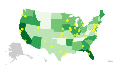 The top 50 largest US cities, represented as cute little yellow dots