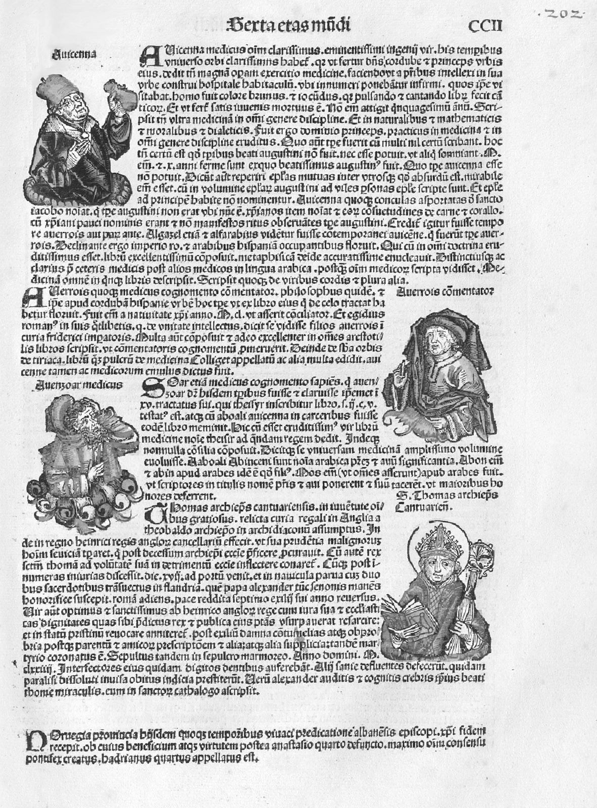 Illustration. Avicenne, Averroès et Avenzoar, médecin sévillan (Ibn Zuhr, m. 1162), sont inscrits dans le panthéon des hommes de science, aux côtés de Thomas d’Aquin et Gratien. L’Europe assume ses attaches avec les apports arabes (Chronique de Nuremberg, 1493, p. 202 ; avec l’aimable autorisation de la médiathèque des Écoles de Saint-Cyr Coëtquidan).