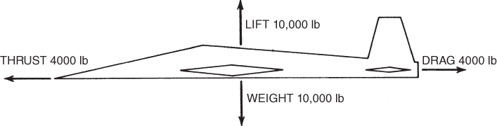 A schematic diagram of an aircraft in equilibrium flight with directions labeled.