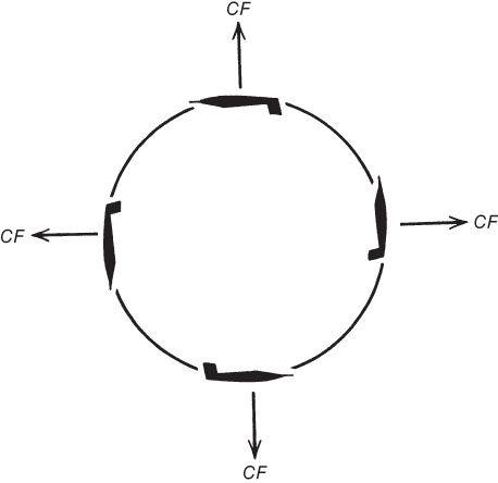 A schematic diagram for centrifugal forces in a vertical loop with arrows for directions.