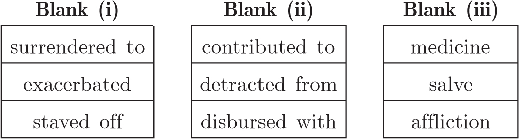 Blank (i), surrendered to, exacerbated, staved off, Blank (ii), contributed to, detracted from, disbursed with, Blank (iii), medicine, salve, affliction