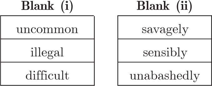 Blank (i), uncommon, illegal, difficult, Blank (ii), savagely, sensibly, unabashedly