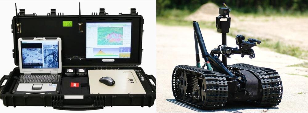 Controls for and example of a bomb disposal robot, picture of controls from UAV Factory and robot from US Navy