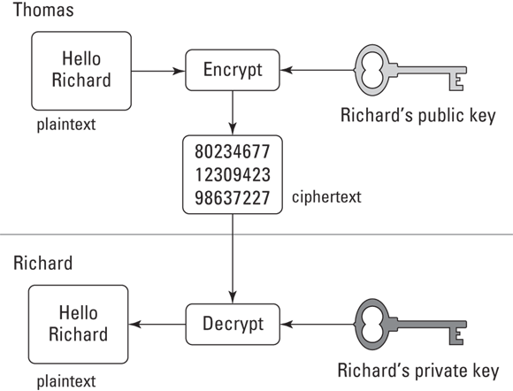 Schematic illustration of sending a message using asymmetric key cryptography.