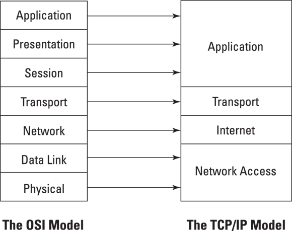 Schematic illustration of comparing the OSI model and the TCP/IP Model.