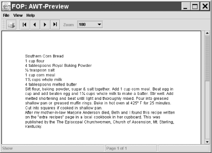 The XSL-FO recipe document in FOP's AWT preview