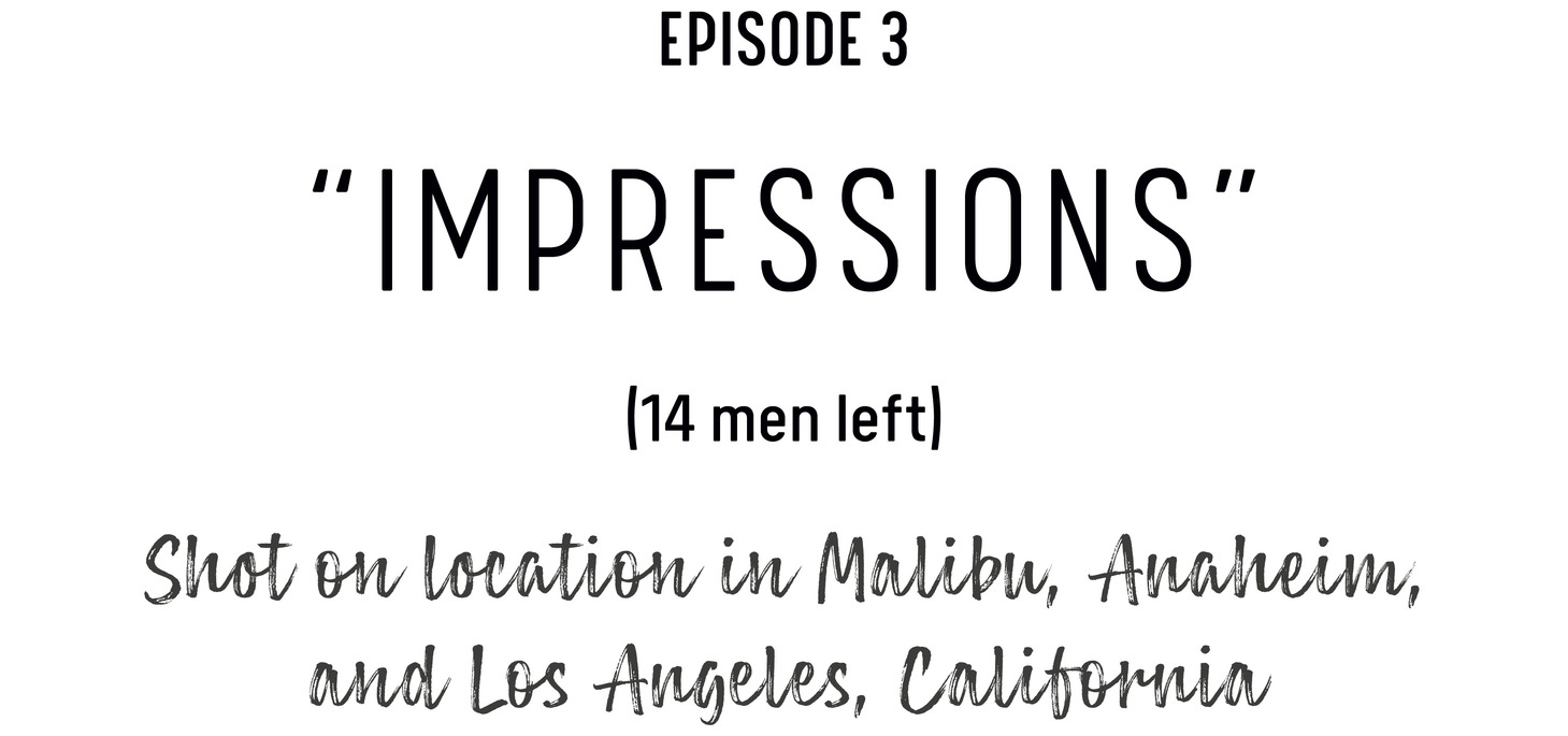 Episode 3: 'Impressions' (14 men left) Shot on location in Malibu, Anaheim, and Los Angeles, California