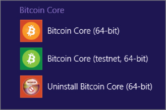 Snapshot illustration of the three options in the Bitcoin Core program group.