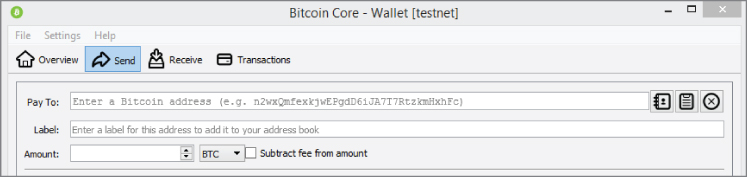 Screenshot illustration displaying the Send screen in Bitcoin Core.