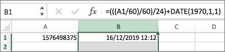 Snapshot illustration of UNIX time conversion in Excel.