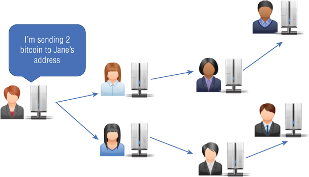 Schematic illustration depicting the transmission of a transaction from peer to peer.