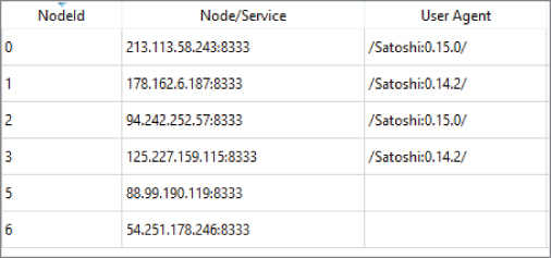 Snapshot illustration of IP addresses of peers in a Bitcoin client.