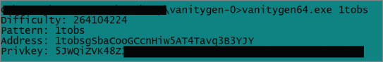 Snapshot illustration of using Vanitygen64 to create a vanity address.