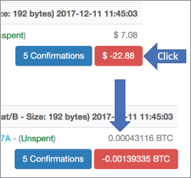 Snapshot illustration showing the steps for changing the dollar value to bitcoin. 