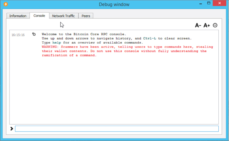 Screenshot illustration of the built-in Bitcoin Core console.