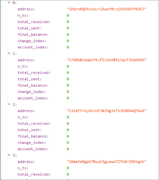 Snapshot illustration of data on each address in the wallet.