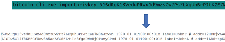 	Snapshot illustration of importing a private key into Bitcoin Core using the commandimportprivkey.