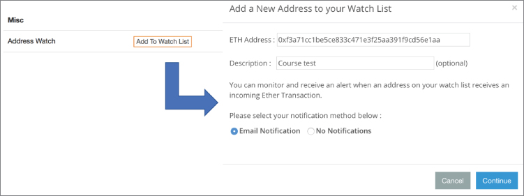 Snapshot illustration of setting up an Ethereum address monitor.