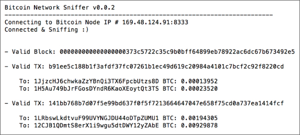 Snapshot illustration of an output from the target node using sniffer.py.