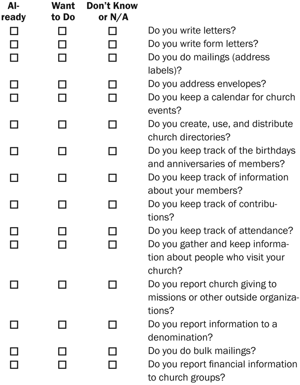 Want to Do Don’t Know or N/A Do you write letters? Do you write form letters? Do you do mailings (address labels)? Do you address envelopes? Do you keep a calendar for church events? Do you create, use, and distribute church directories? Do you keep track of the birthdays and anniversaries of members? Do you keep track of information about your members? Do you keep track of contributions? Do you keep track of attendance? Do you gather and keep information about people who visit your church? Do you report church giving to missions or other outside organizations? Do you report information to a denomination? Do you do bulk mailings? Do you report financial information to church groups? Appendix D THINGS YOU CAN DO Already