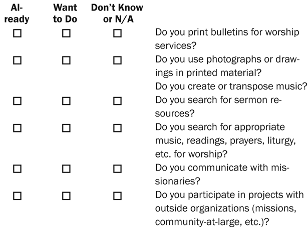 Already Want to Do Don’t Know or N/A Do you print bulletins for worship services? Do you use photographs or drawings in printed material? Do you create or transpose music? Do you search for sermon resources? Do you search for appropriate music, readings, prayers, liturgy, etc. for worship? Do you communicate with missionaries? Do you participate in projects with outside organizations (missions, community-at-large, etc.)?